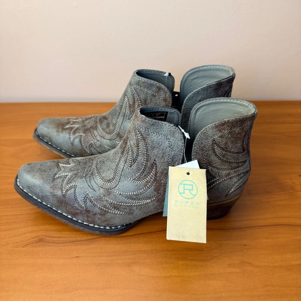 Roper Riley Womens Grey Distressed Western Ankle Boots 09-021-1567-2635 Size 9